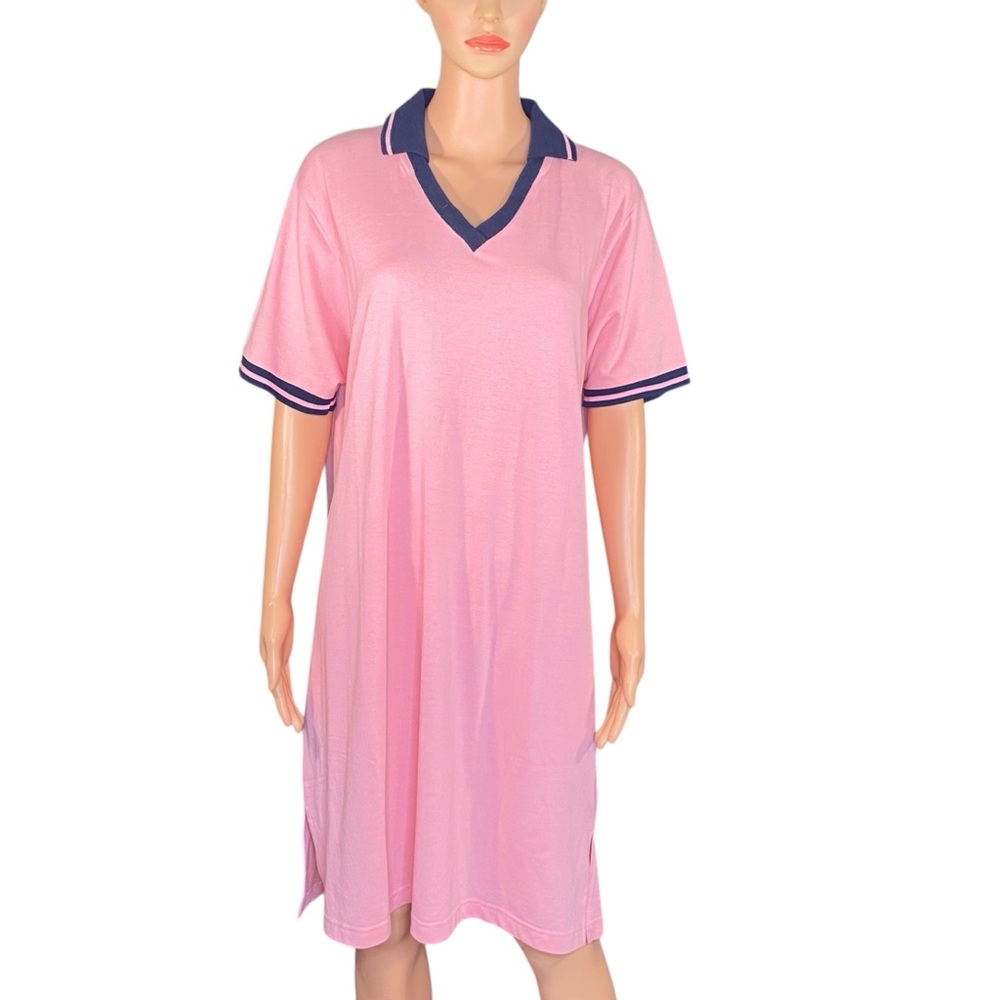 Carolyn Taylor Pink Polo Dress Casual Knee Length Short Sleeve Navy Trim SZ 1X